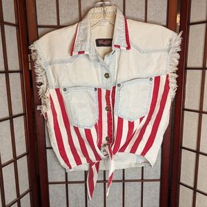 Vintage denim sleeveless cropped top w red/white stripes